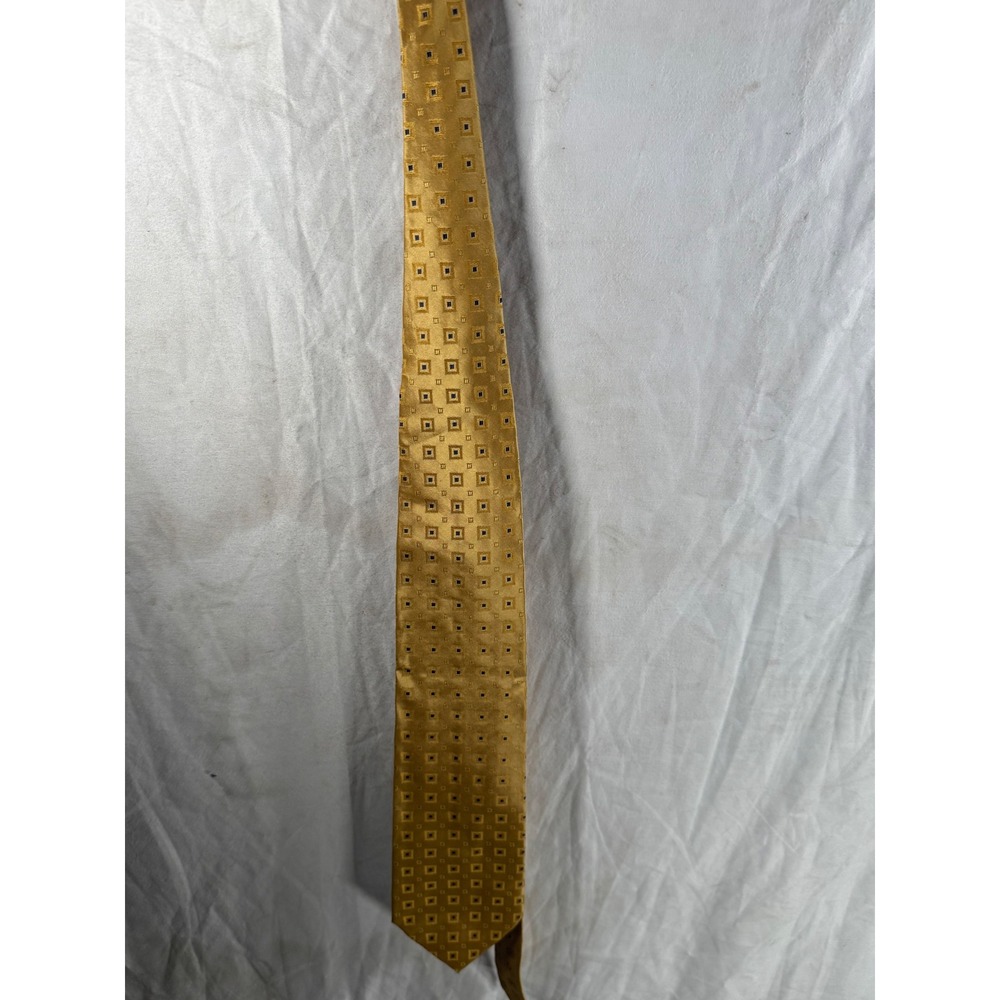 Valerio Garati Mens Gold Geometric Silk Necktie NavyBlue Square Pattern Handmade